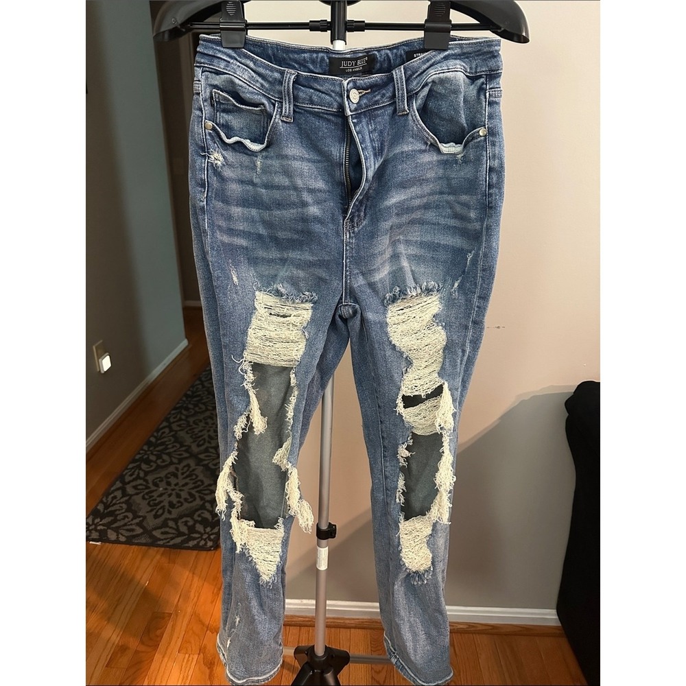 Judy Blue Straight Fit Jeans Women 13/31 Blue Distressed Denim Y2K Streetwear